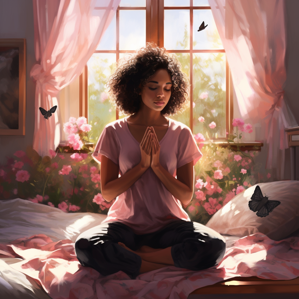 femme méditant dans sa chambre